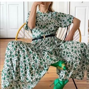 Zara Green and White Floral Tiered Dress
